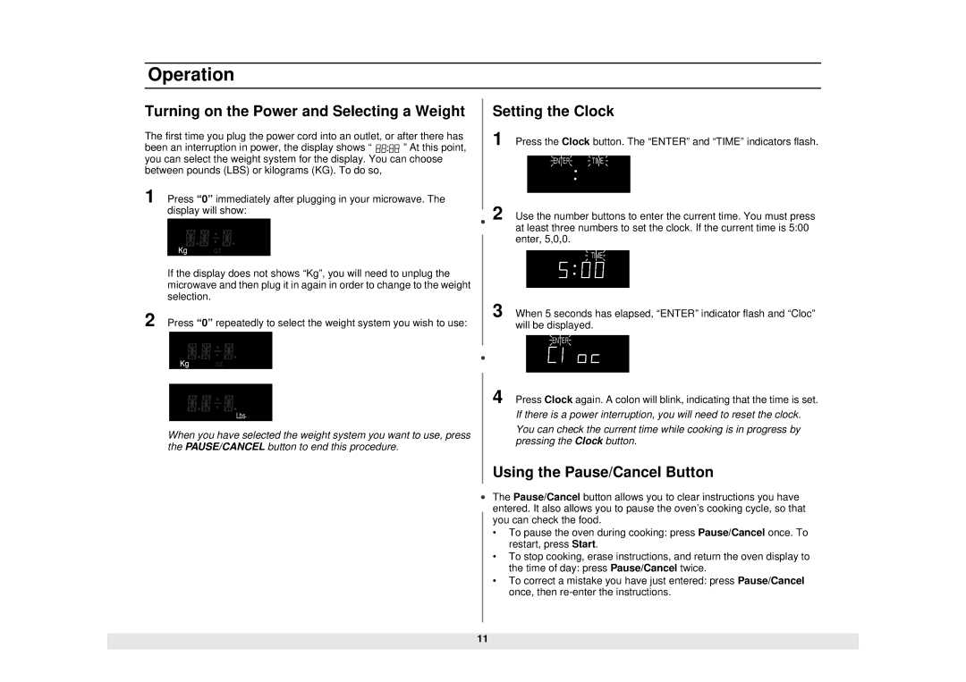 Samsung MW1660SA Operation, Turning on the Power and Selecting a Weight, Setting the Clock, Using the Pause/Cancel Button 