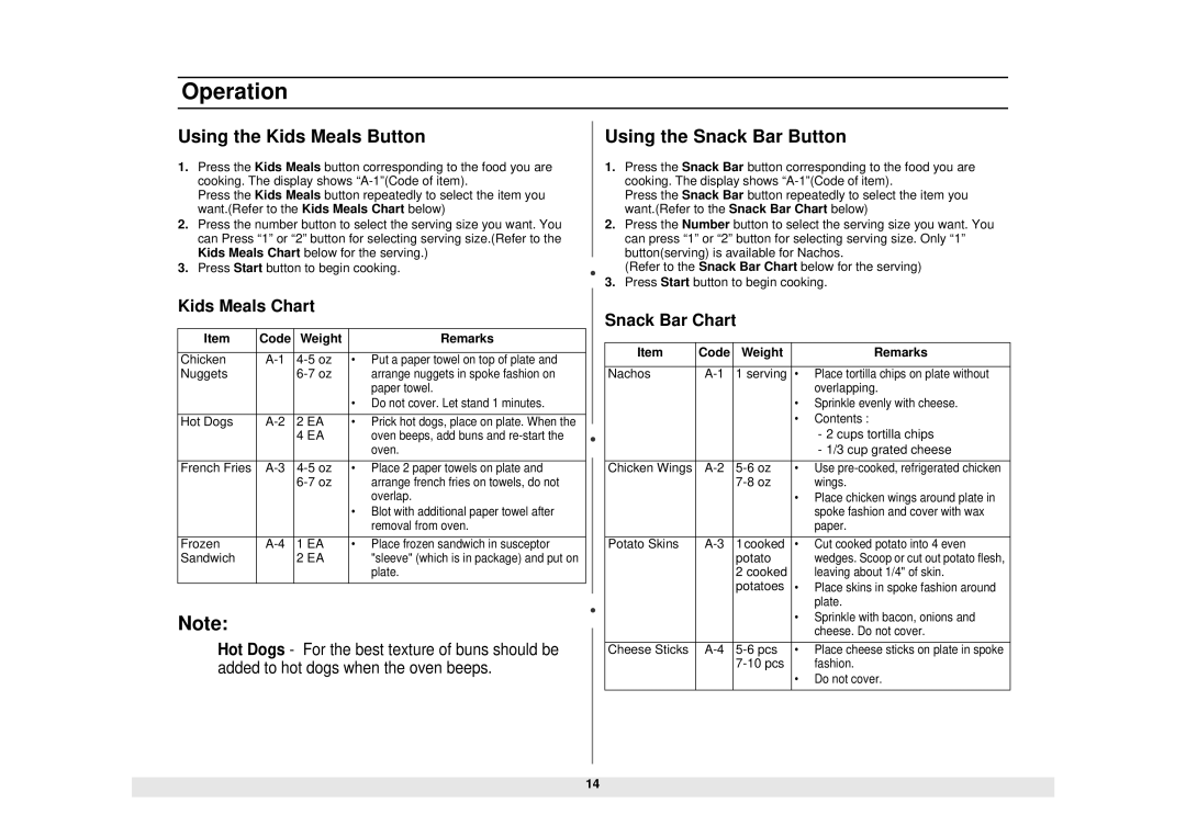 Samsung MW1960BA, MW1960WA Using the Kids Meals Button, Using the Snack Bar Button, Kids Meals Chart, Snack Bar Chart 