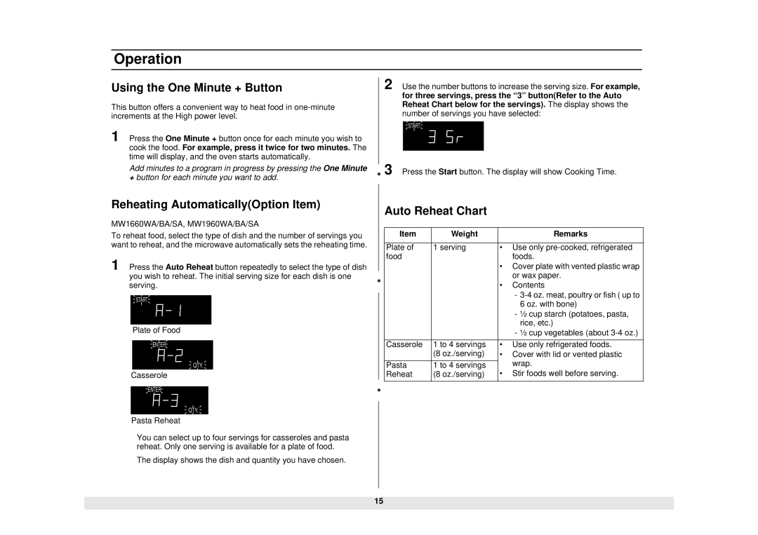 Samsung MW1660WA, MW1960WA, MW1960SA Using the One Minute + Button, Reheating AutomaticallyOption Item, Auto Reheat Chart 