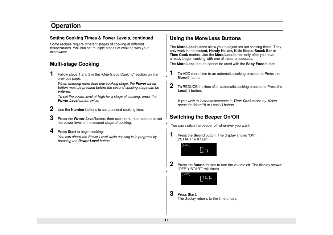 Samsung MW1960WA, MW1960SA, MW1451BB, MW1030SA, MW1251BB, MW1430BA Using the More/Less Buttons, Switching the Beeper On/Off 