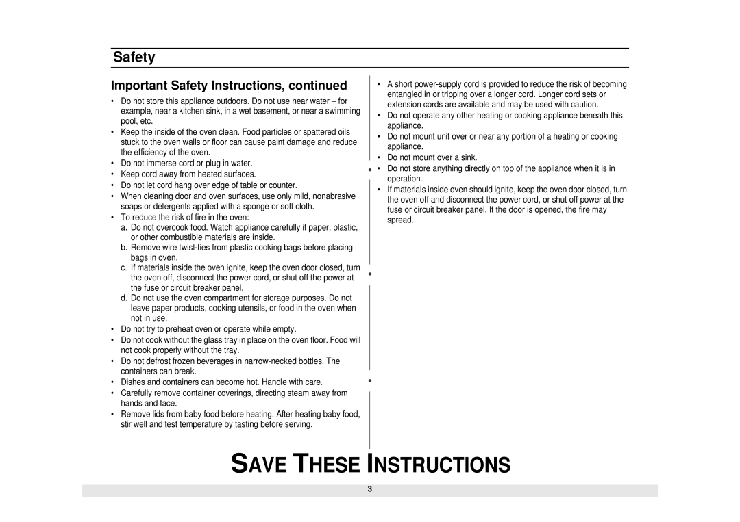 Samsung MW1030SA, MW1960WA, MW1960SA, MW1451BB, MW1251BB, MW1430BA, MW1430SA, MW1430WA, MW1251SB Important Safety Instructions 