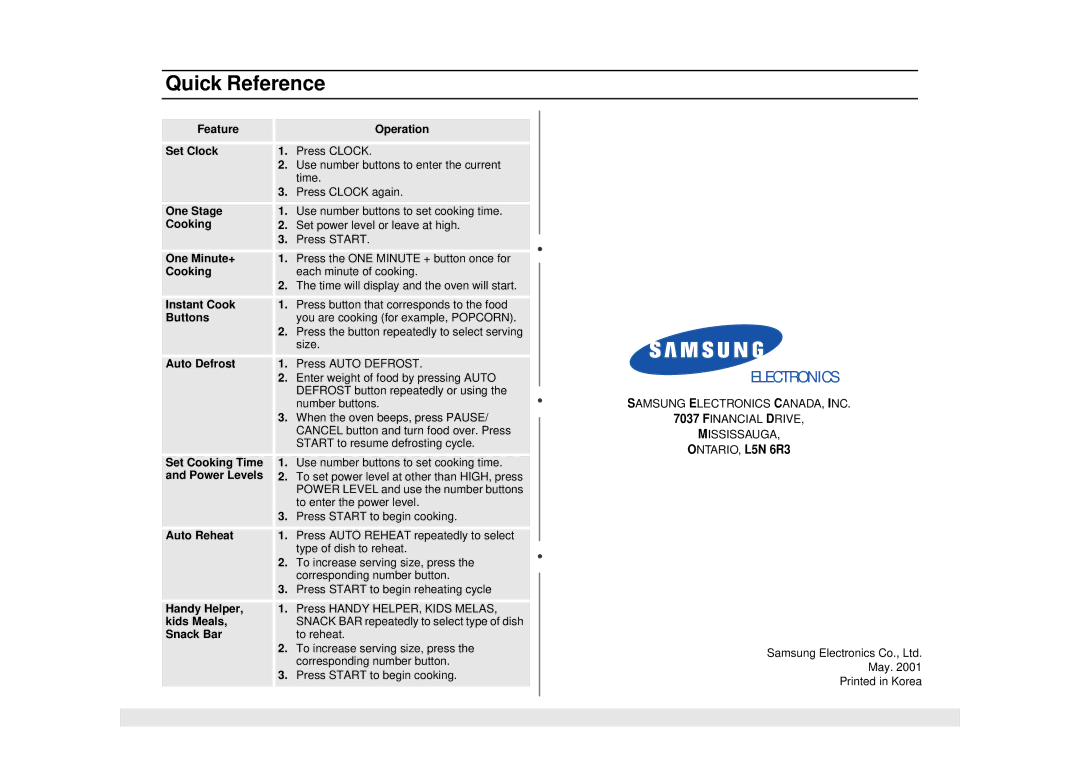 Samsung MW1451SB, MW1960WA, MW1960SA, MW1451BB, MW1030SA, MW1251BB, MW1430BA, MW1430SA, MW1430WA, MW1251SB Quick Reference 