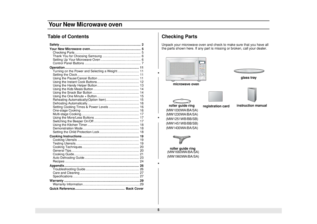 Samsung MW1430BA, MW1960WA, MW1960SA, MW1451BB, MW1030SA, MW1251BB Your New Microwave oven, Table of Contents, Checking Parts 