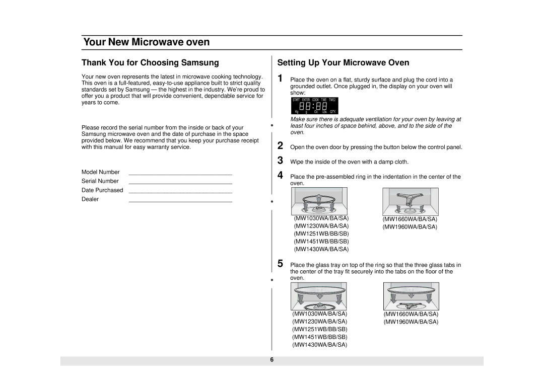 Samsung MW1430SA, MW1960WA, MW1960SA, MW1451BB, MW1030SA Thank You for Choosing Samsung, Setting Up Your Microwave Oven 