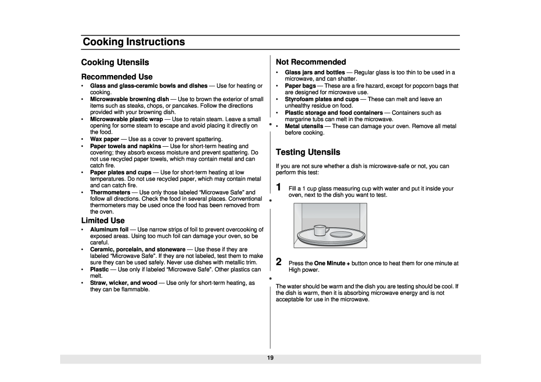 Samsung MW1451BB Cooking Instructions, Cooking Utensils, Testing Utensils, Recommended Use, Limited Use, Not Recommended 