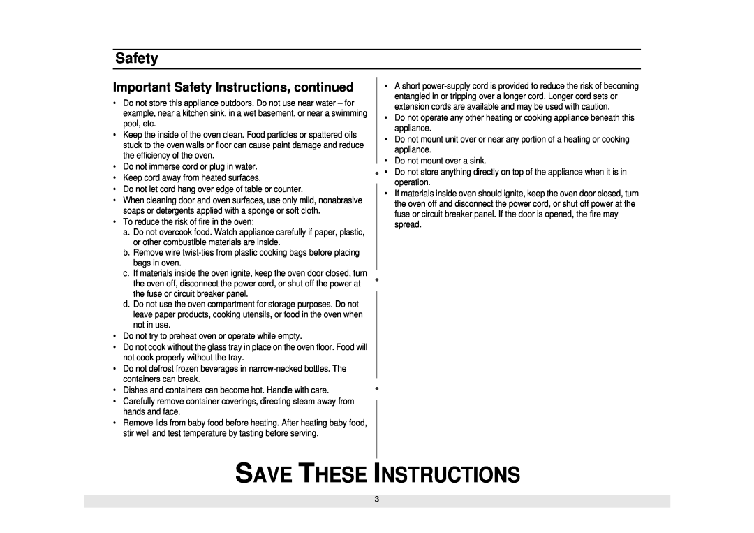 Samsung MW1030SA, MW1960WA, MW1960SA, MW1451BB, MW1251BB Important Safety Instructions, continued, Save These Instructions 