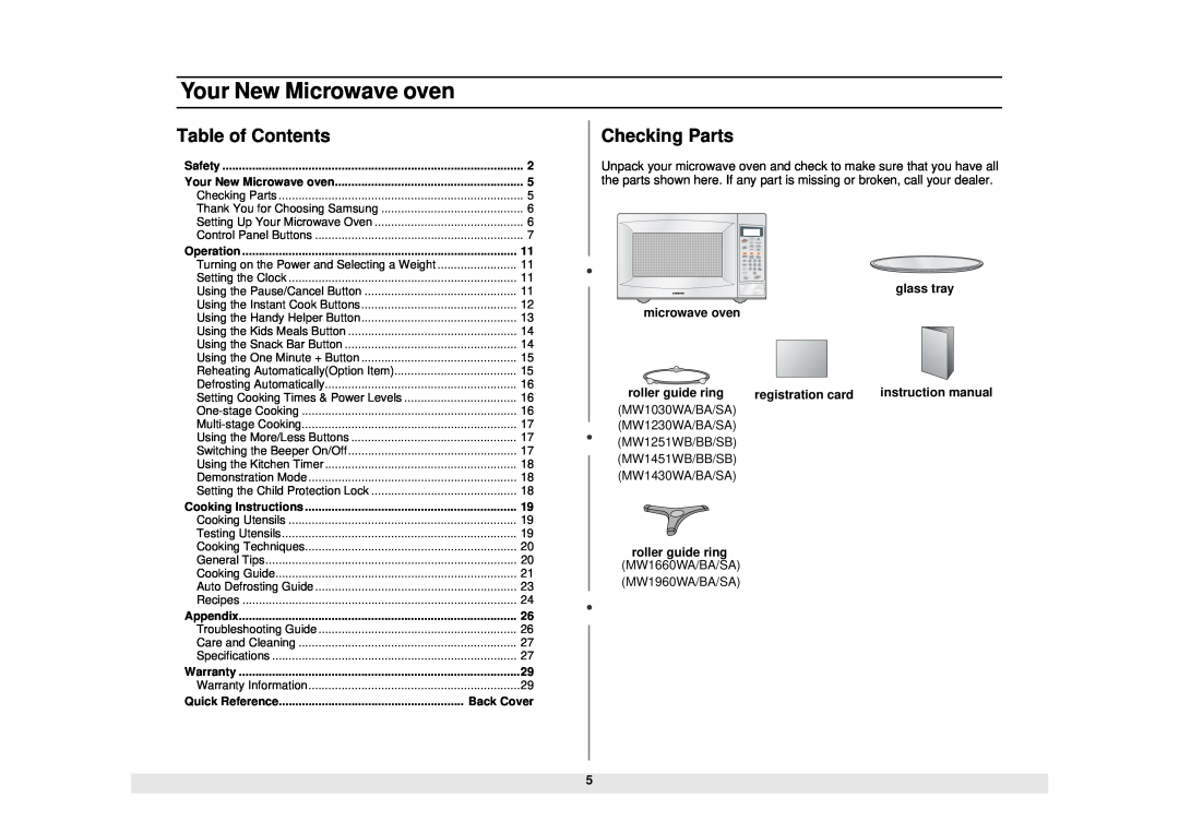 Samsung MW1430BA Your New Microwave oven, Table of Contents, Checking Parts, glass tray, Quick Reference, Back Cover 