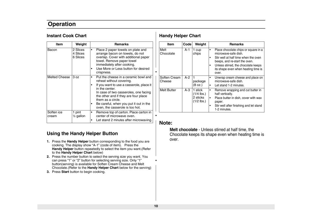 Samsung MW1980STD owner manual Using the Handy Helper Button, Instant Cook Chart, Handy Helper Chart, Code Weight Remarks 