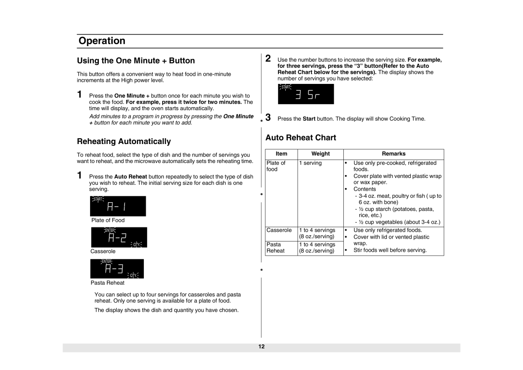 Samsung MW1980STD owner manual Using the One Minute + Button, Reheating Automatically Auto Reheat Chart 