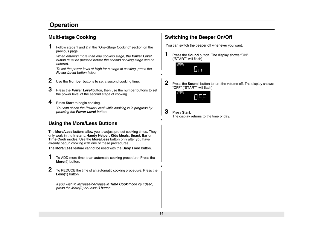 Samsung MW1980STD owner manual Multi-stage Cooking, Using the More/Less Buttons, Switching the Beeper On/Off 