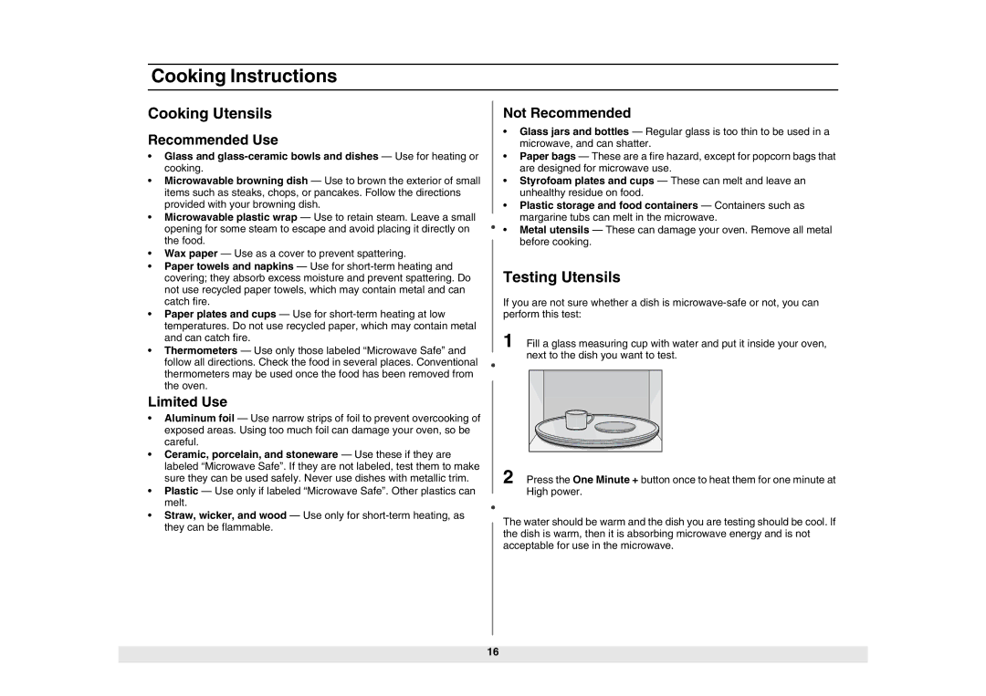 Samsung MW1980STD owner manual Cooking Instructions, Cooking Utensils, Testing Utensils 