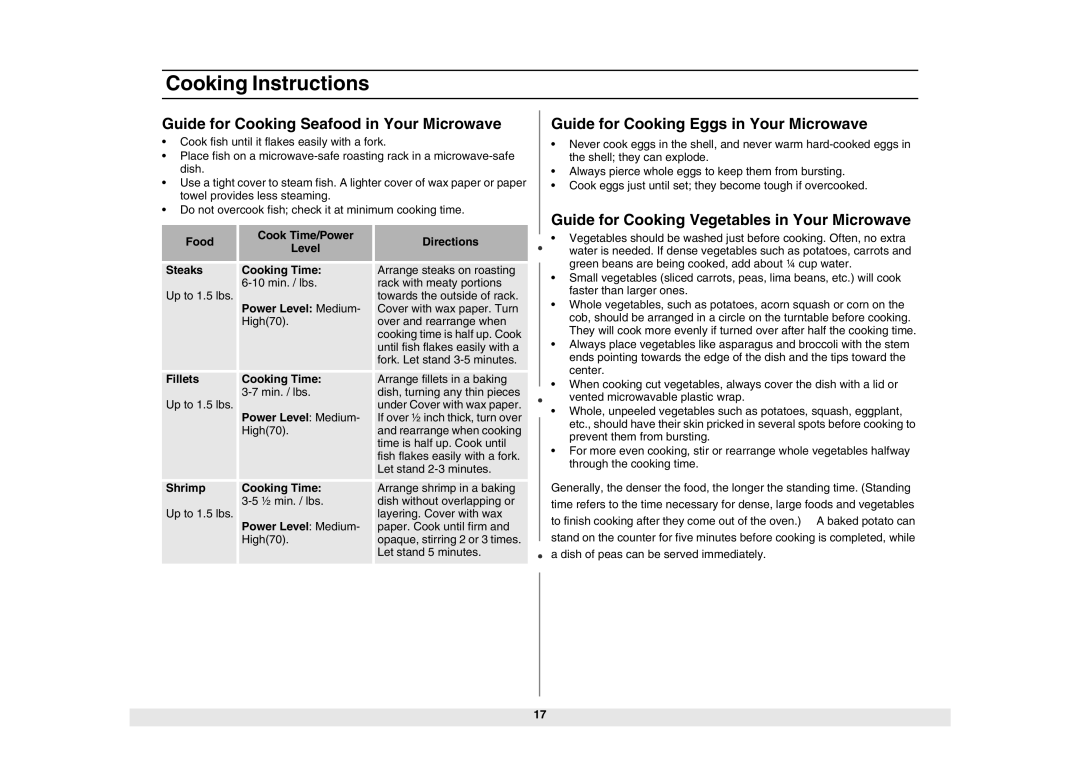 Samsung MW1980STD owner manual Guide for Cooking Seafood in Your Microwave, Guide for Cooking Eggs in Your Microwave 