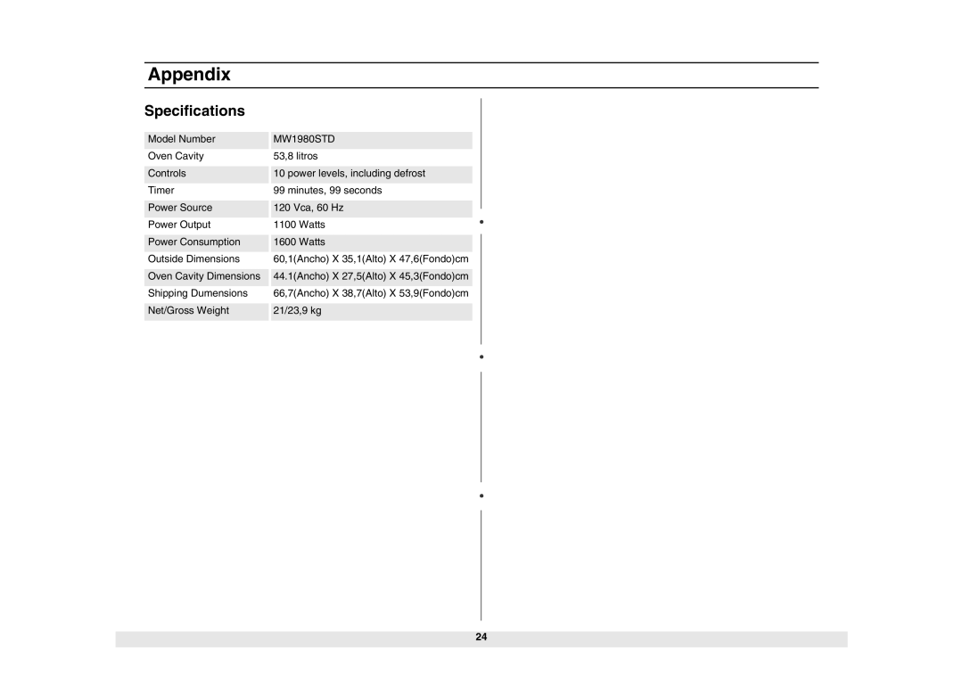 Samsung MW1980STD owner manual Specifications 