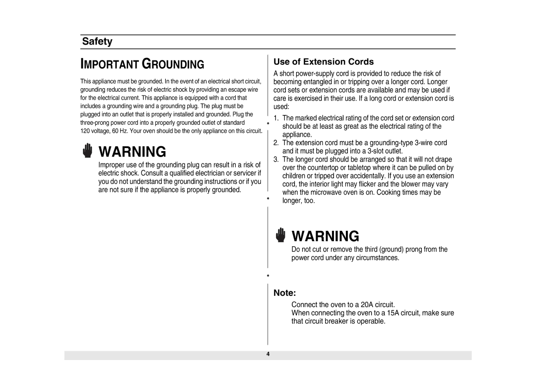 Samsung MW1980STD owner manual Important Grounding 