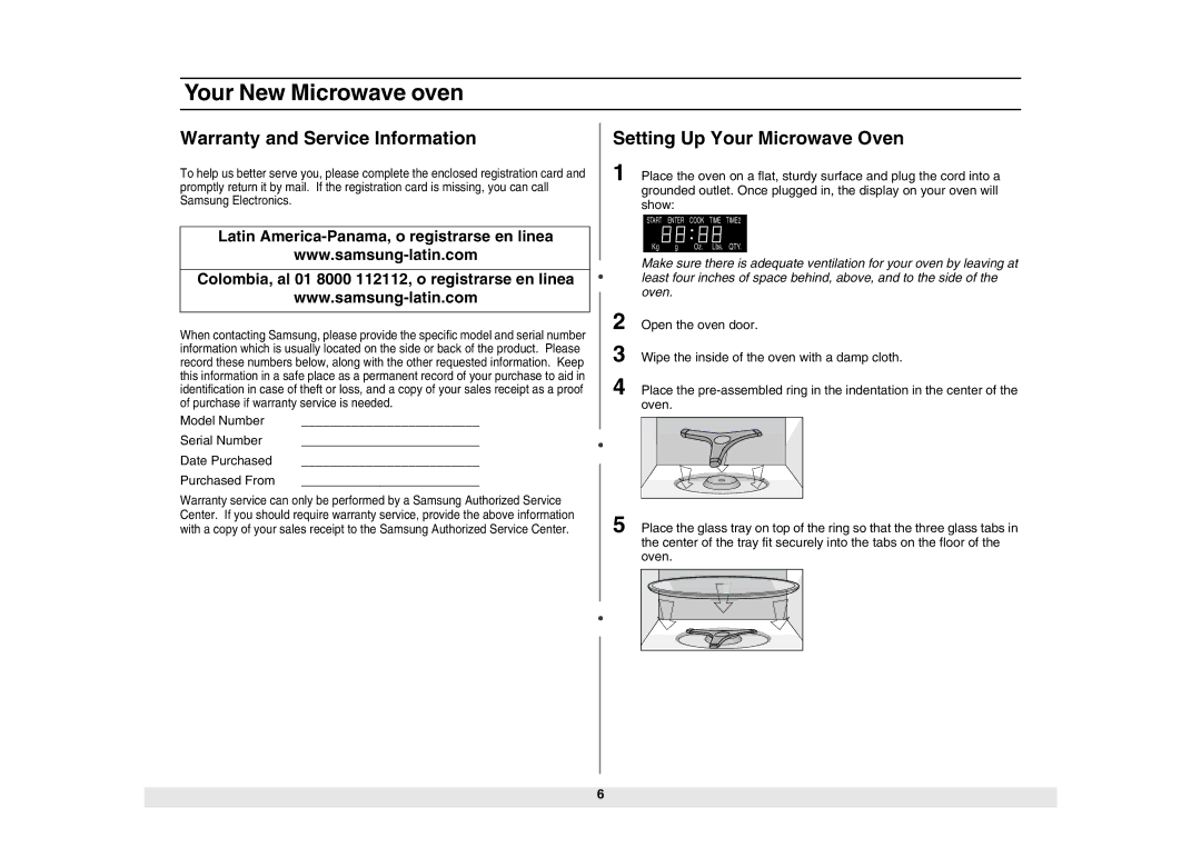 Samsung MW1980STD owner manual Warranty and Service Information, Setting Up Your Microwave Oven 