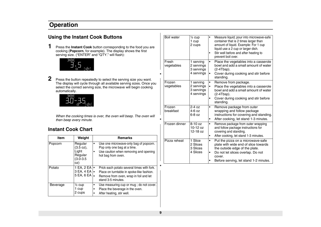 Samsung MW1980STD owner manual Using the Instant Cook Buttons, Instant Cook Chart, Weight Remarks 