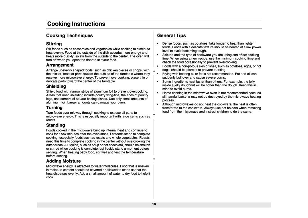 Samsung MW1980STD Cooking Techniques, General Tips, Stirring, Arrangement, Shielding, Turning, Standing, Adding Moisture 