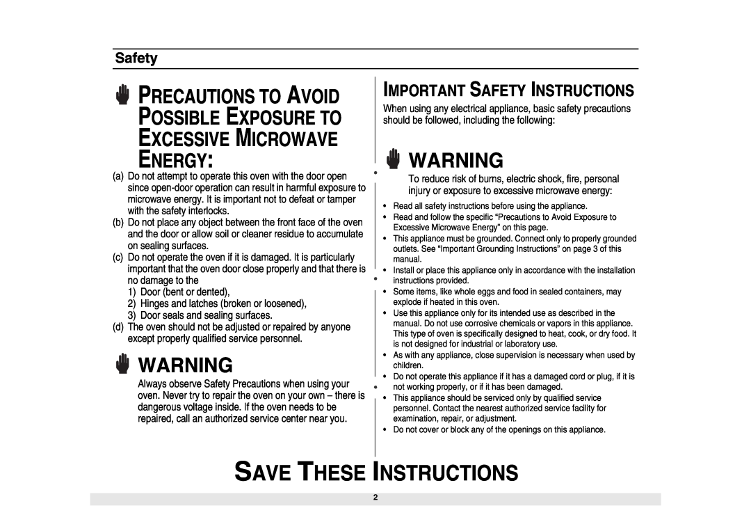 Samsung MW1980STD Save These Instructions, Important Safety Instructions, Precautions To Avoid Possible Exposure To 