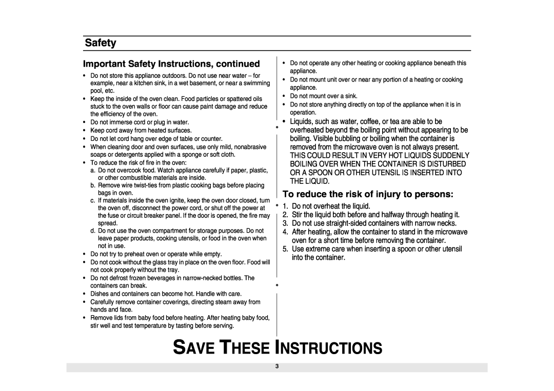 Samsung MW1980STD owner manual Important Safety Instructions, continued, To reduce the risk of injury to persons 