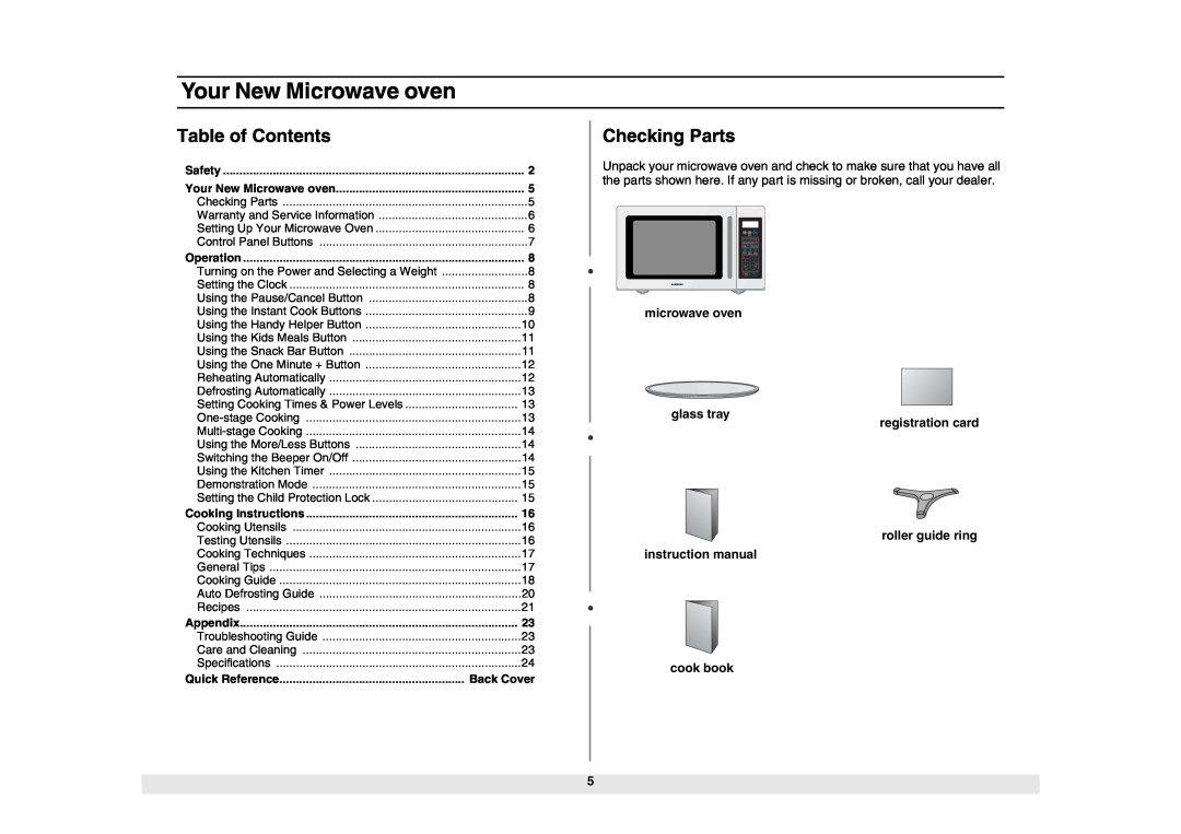 Samsung MW1980STD owner manual Your New Microwave oven, Table of Contents, Checking Parts, Quick Reference, Back Cover 