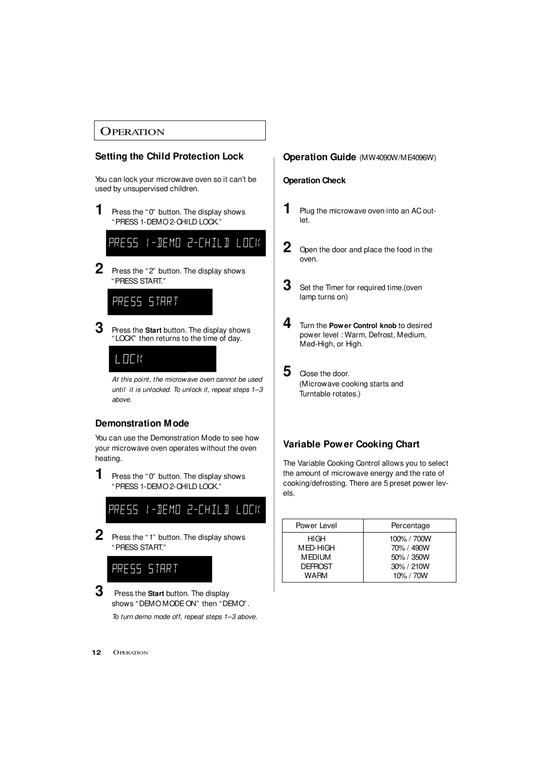 Samsung MW4390W, MW4090W, ME4096W Setting the Child Protection Lock, Demonstration Mode, Variable Power Cooking Chart 
