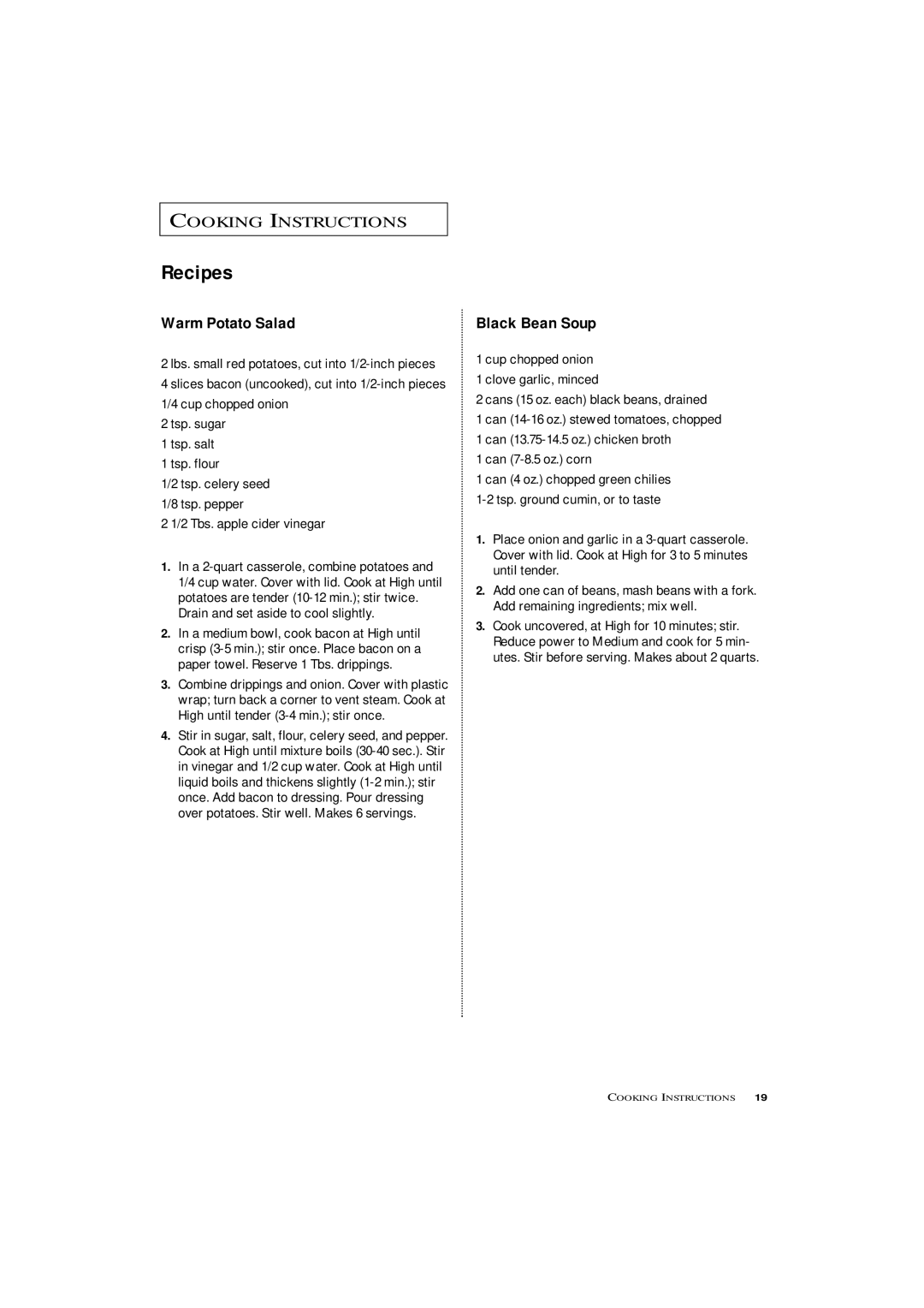 Samsung MW4090W, MW4390W, ME4096W owner manual Warm Potato Salad, Black Bean Soup, 2 Tbs. apple cider vinegar 