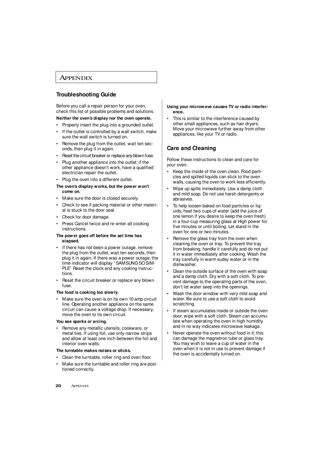 Samsung ME4096W, MW4390W, MW4090W owner manual Troubleshooting Guide, Care and Cleaning 