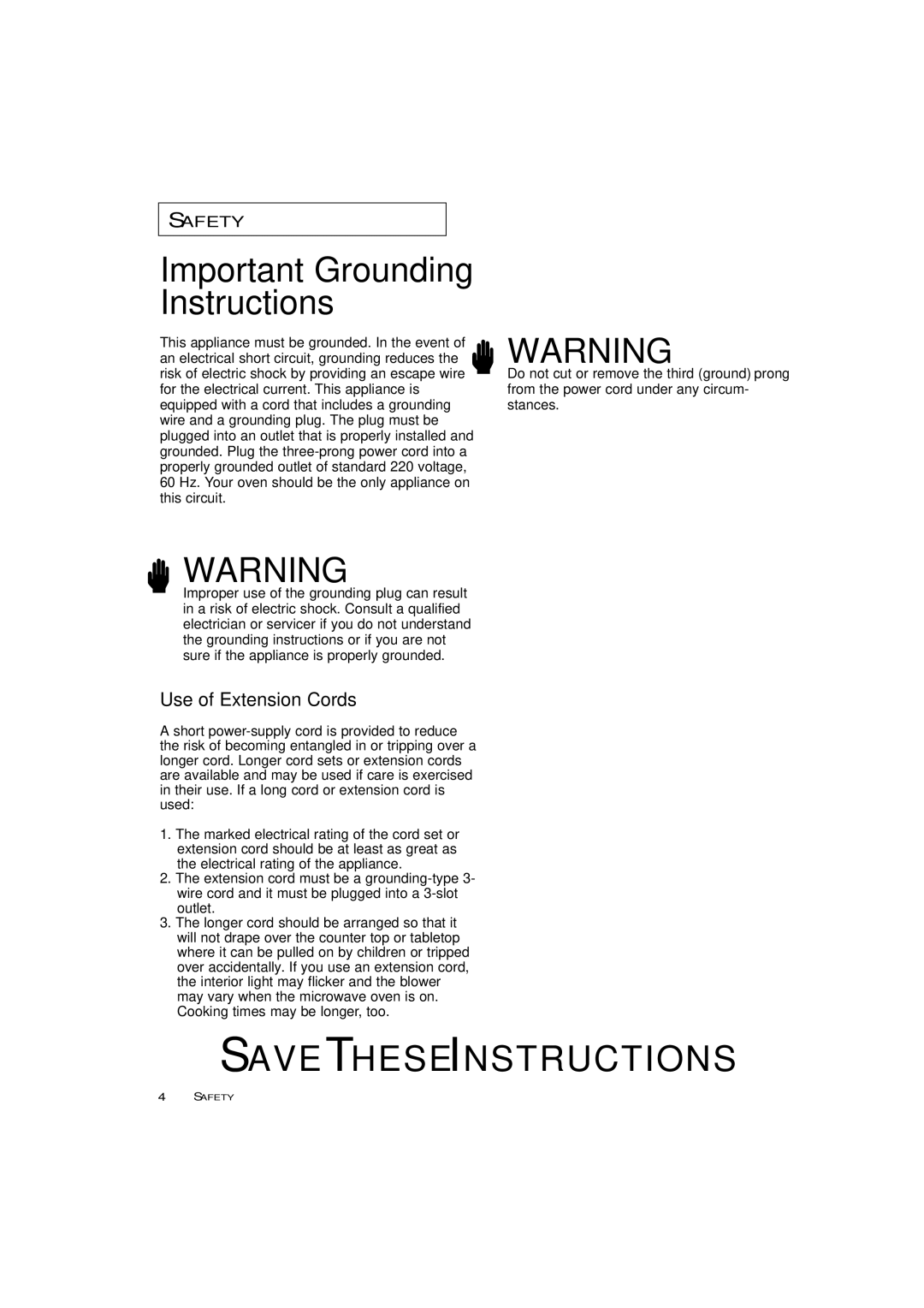 Samsung MW4090W, MW4390W, ME4096W owner manual Important Grounding Instructions, Use of Extension Cords 