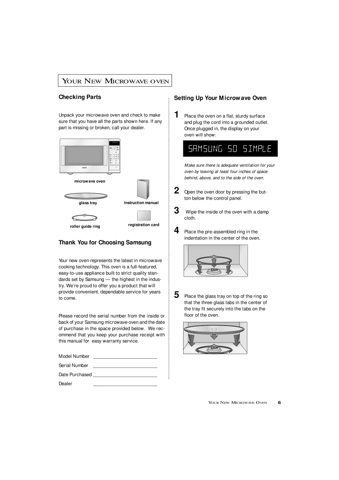 Samsung MW4390W, MW4090W, ME4096W owner manual Checking Parts, Setting Up Your Microwave Oven, Thank You for Choosing Samsung 