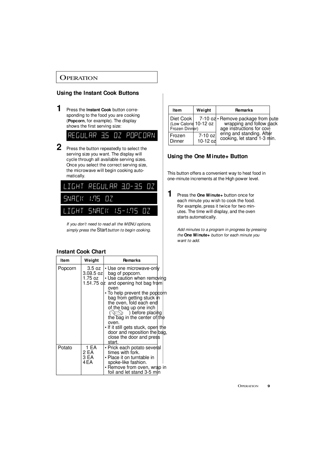 Samsung MW4390W, MW4090W Using the Instant Cook Buttons, Instant Cook Chart, Using the One Minute+ Button, Weight Remarks 