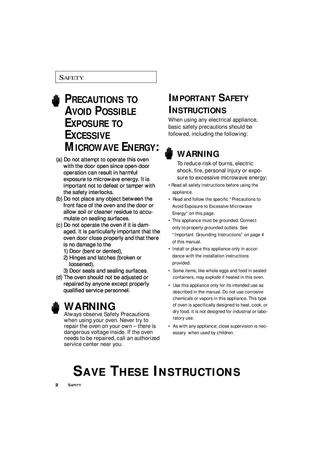 Samsung ME4096W, MW4390W Save These Instructions, Precautions To Avoid Possible Exposure To, Excessive, Microwave Energy 