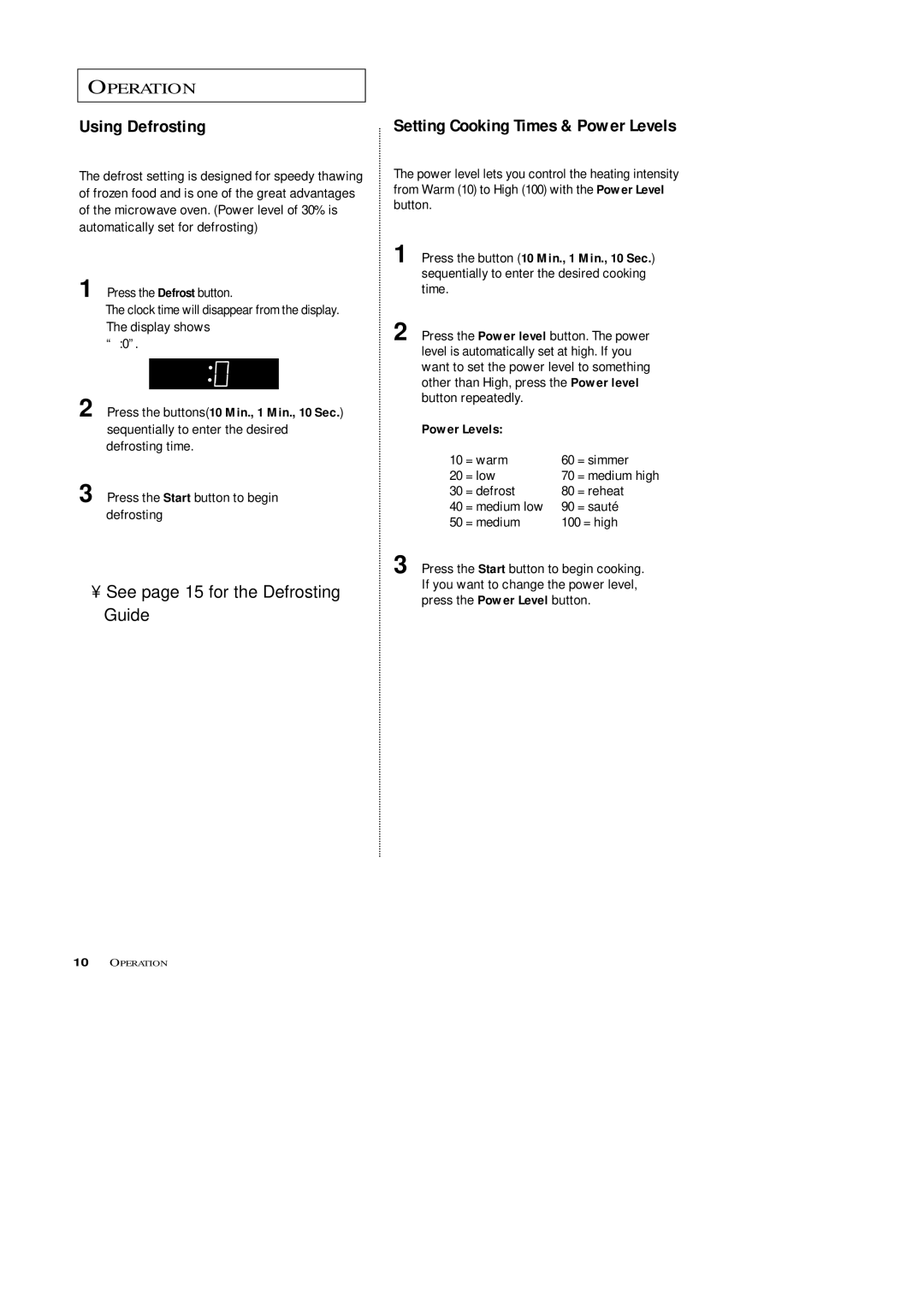 Samsung MW4688BA, MW4699S owner manual Using Defrosting, Power Levels 