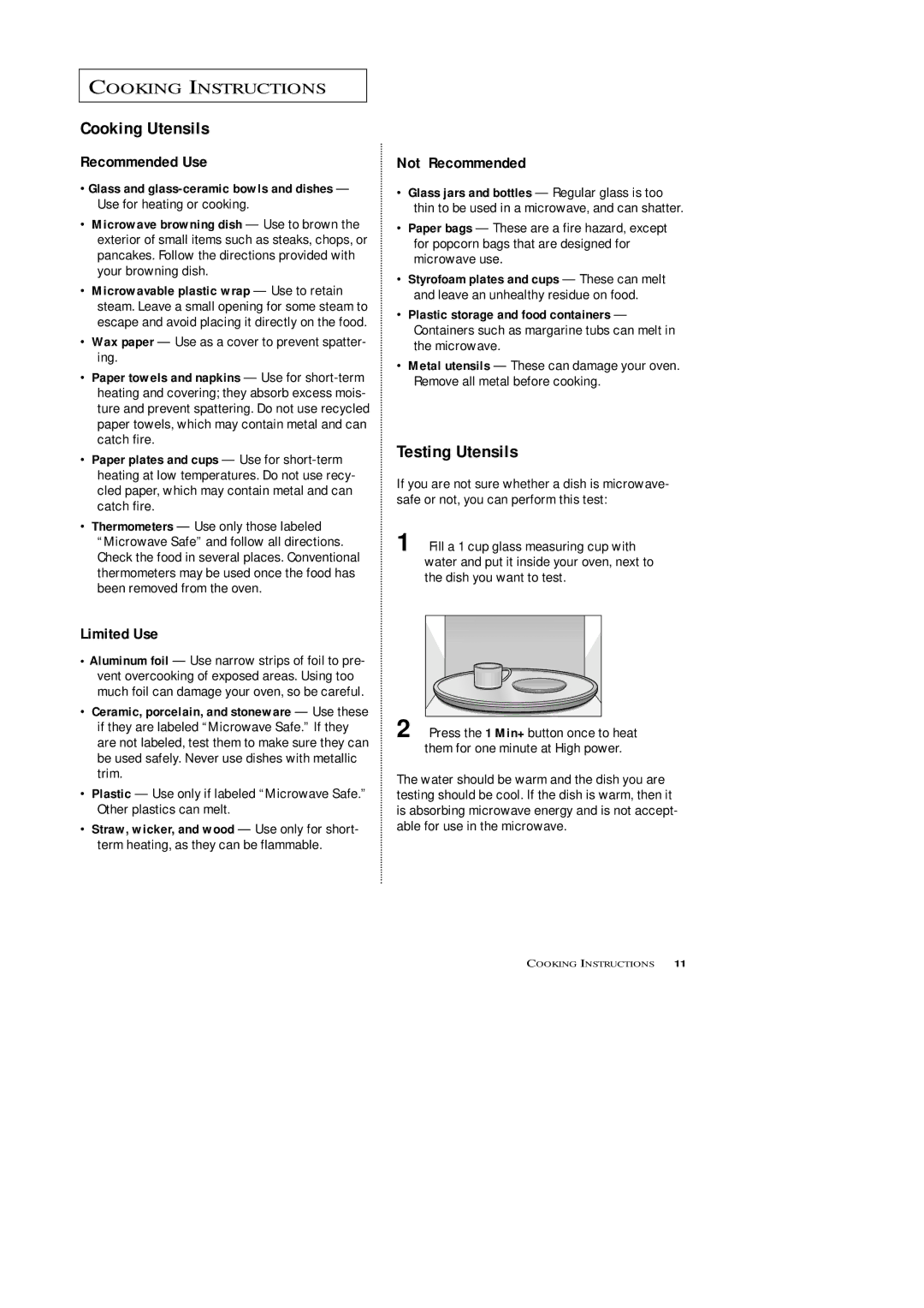 Samsung MW4699S, MW4688BA owner manual Cooking Utensils, Testing Utensils, Wax paper Use as a cover to prevent spatter- ing 