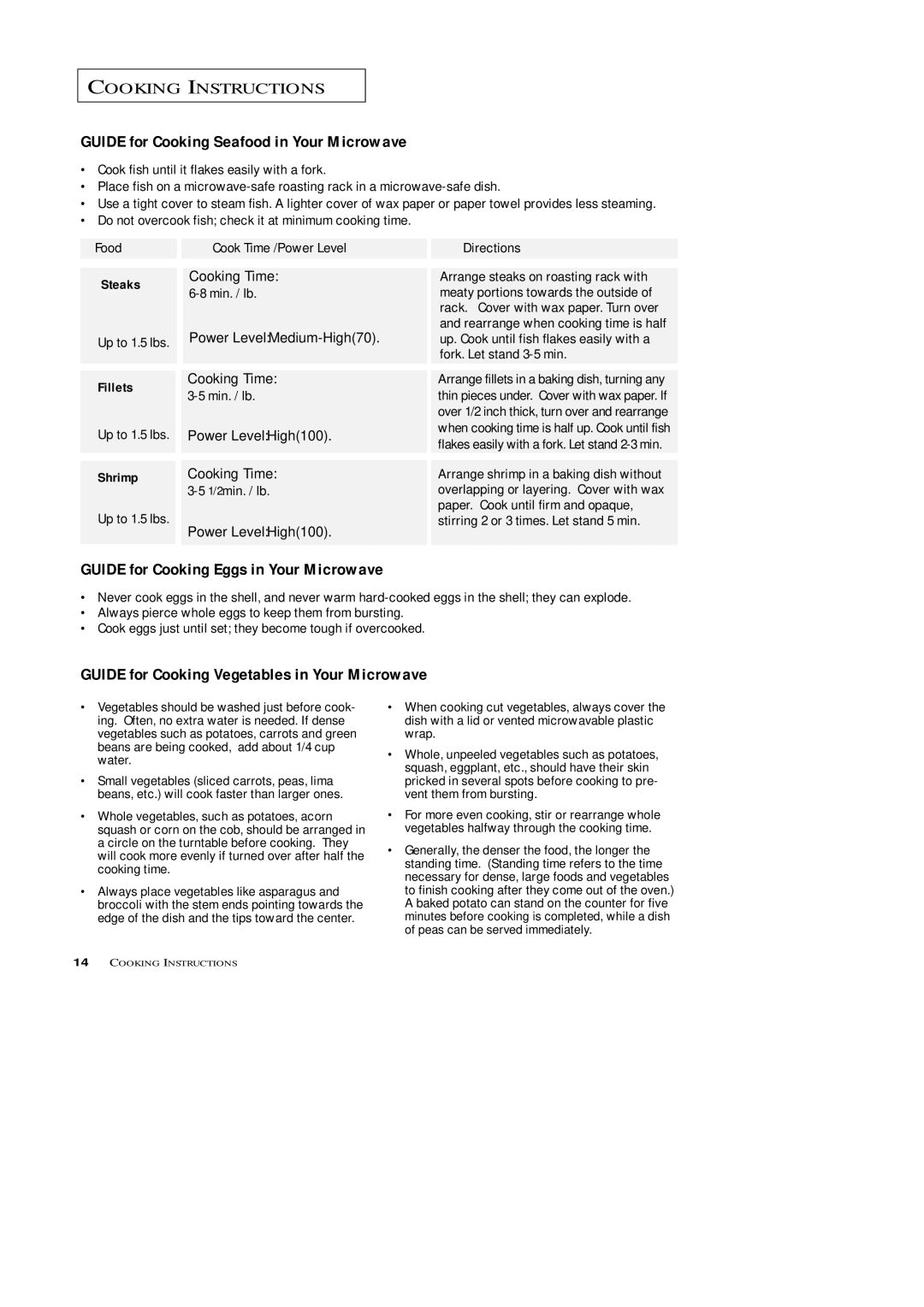 Samsung MW4688BA, MW4699S Guide for Cooking Seafood in Your Microwave, Guide for Cooking Eggs in Your Microwave, Steaks 