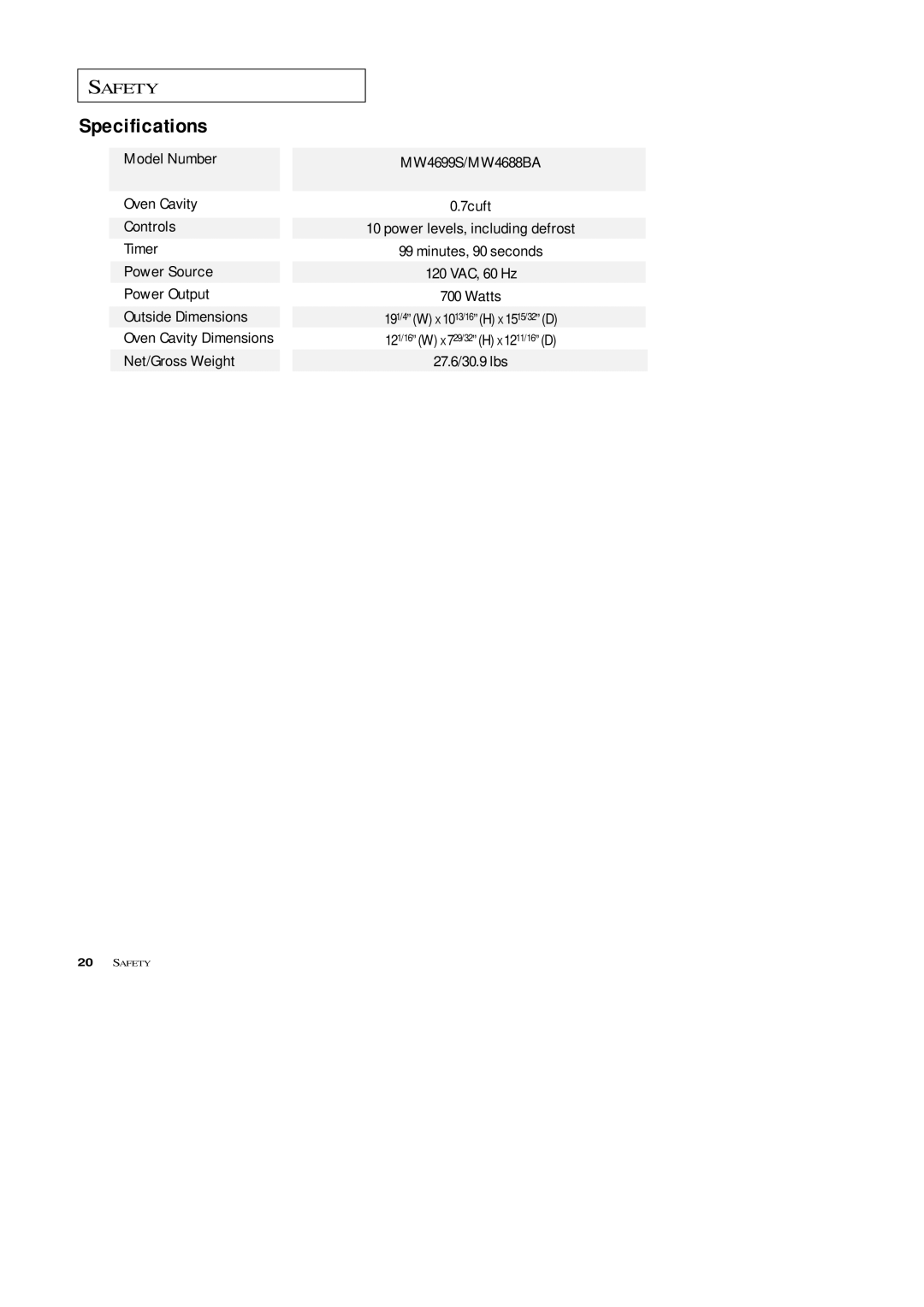 Samsung MW4688BA, MW4699S owner manual Specifications 