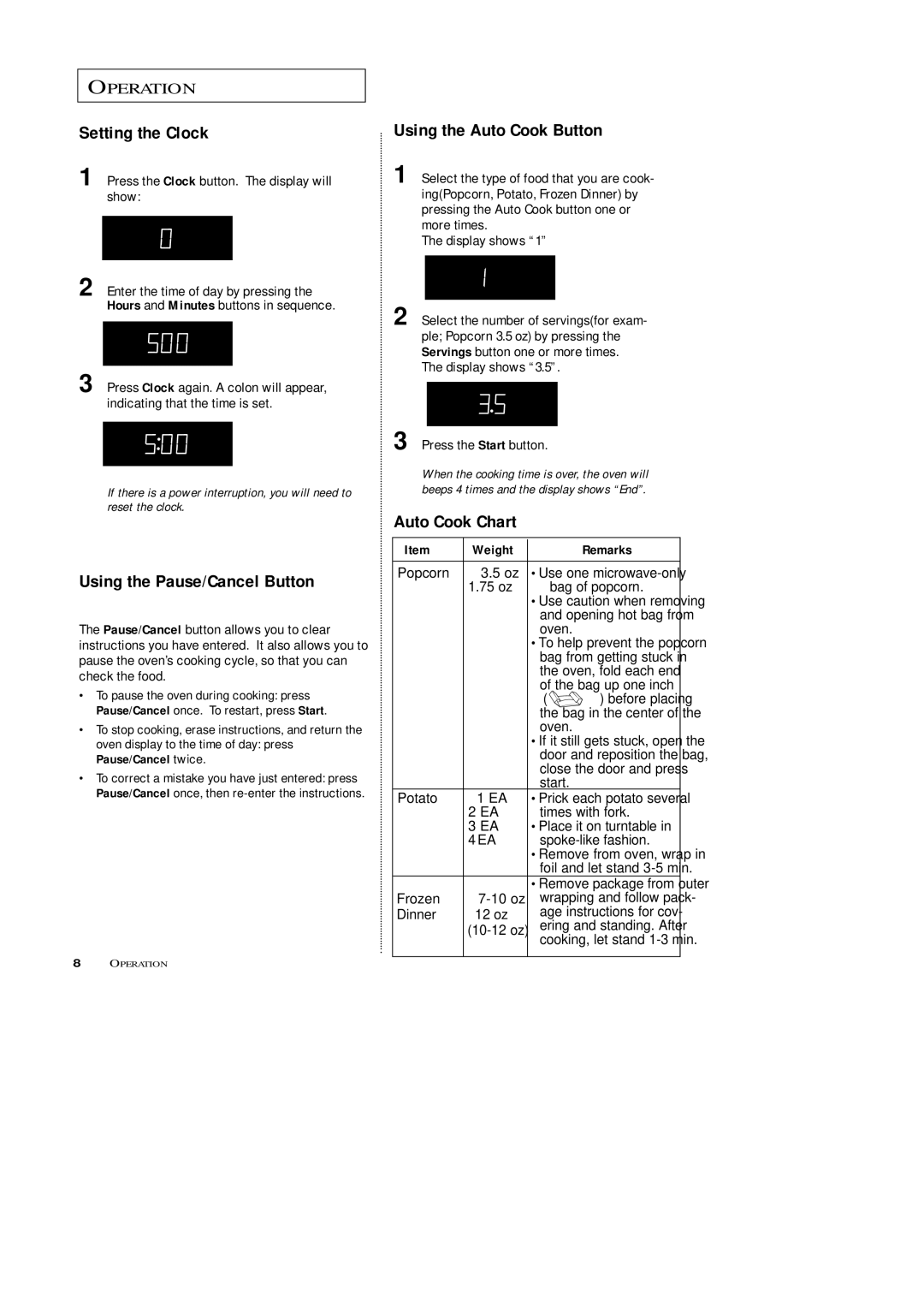 Samsung MW4688BA, MW4699S Setting the Clock, Using the Pause/Cancel Button, Using the Auto Cook Button, Auto Cook Chart 