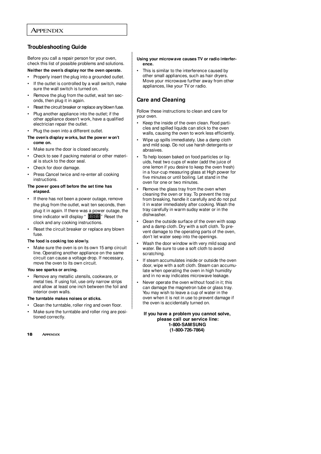 Samsung MW4688BA, MW4699S owner manual Troubleshooting Guide, Care and Cleaning, Appendix 