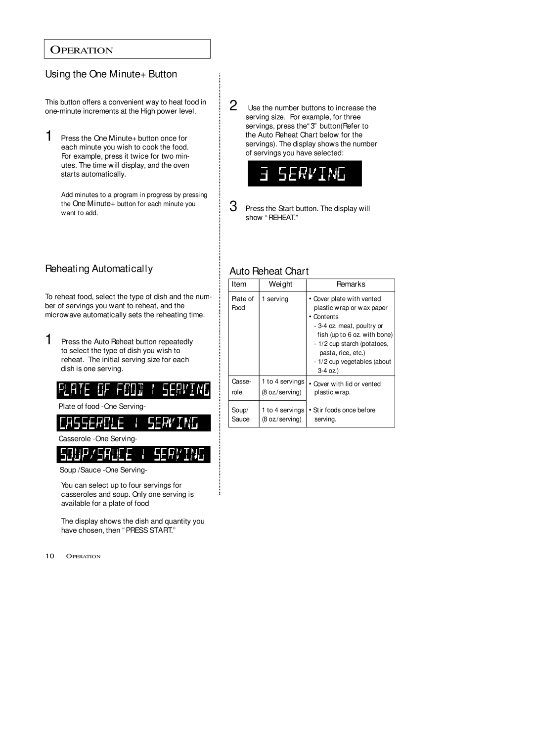 Samsung MW7593G, MW5592W, MW5593G, MW7592W manual Using the One Minute+ Button, Reheating Automatically 