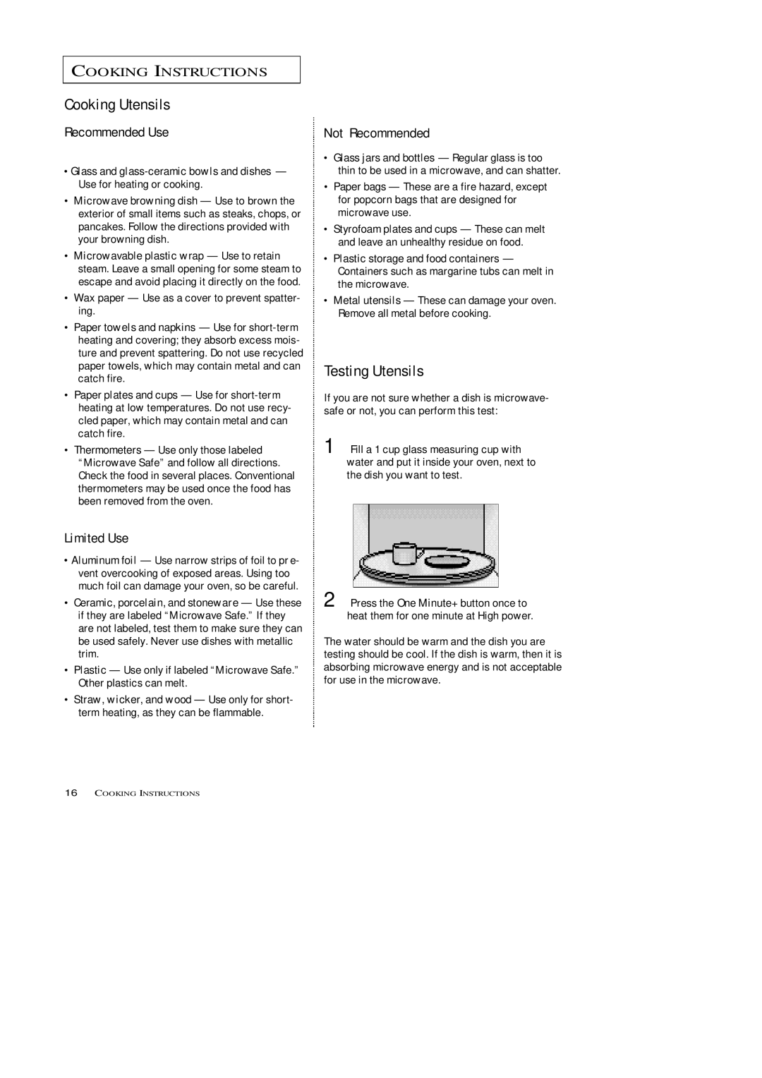 Samsung MW5592W, MW5593G, MW7593G manual Cooking Utensils, Testing Utensils, Wax paper Use as a cover to prevent spatter- ing 