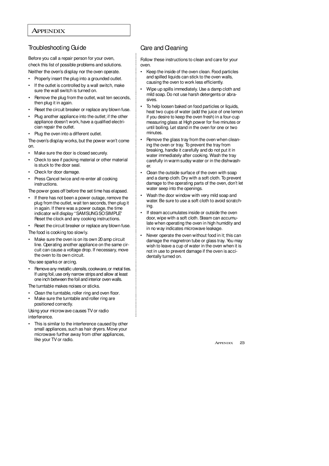 Samsung MW7592W, MW5592W, MW5593G, MW7593G manual Troubleshooting Guide, Care and Cleaning 