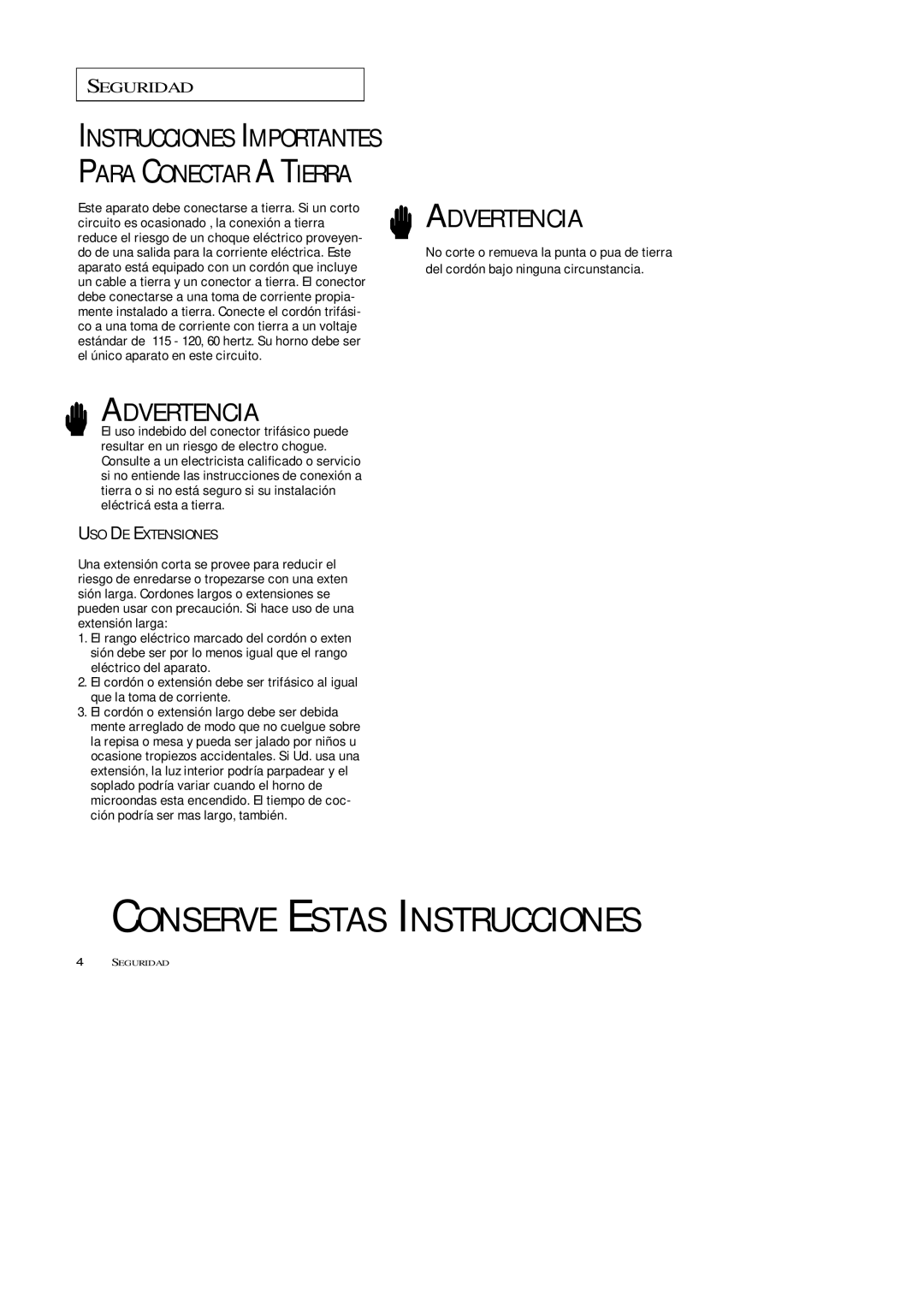 Samsung MW5592W, MW5593G, MW7593G, MW7592W manual Instrucciones Importantes Para Conectar a Tierra 