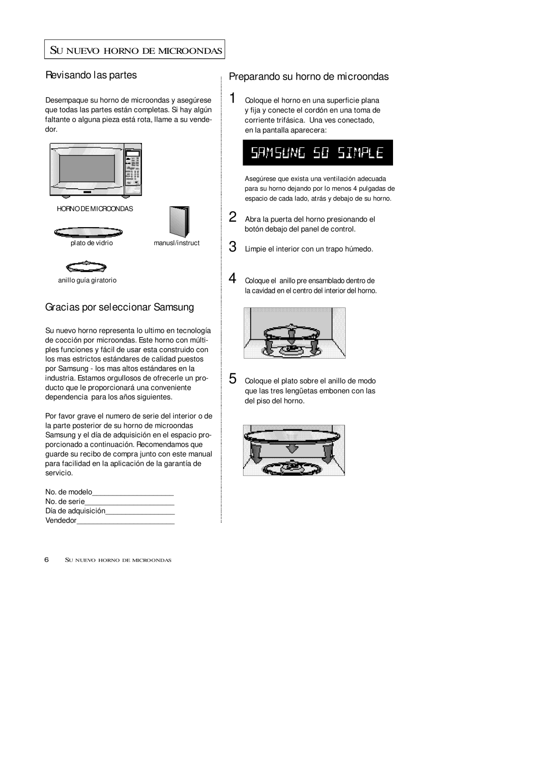 Samsung MW5593G, MW5592W Revisando las partes, Preparando su horno de microondas, Limpie el interior con un trapo húmedo 