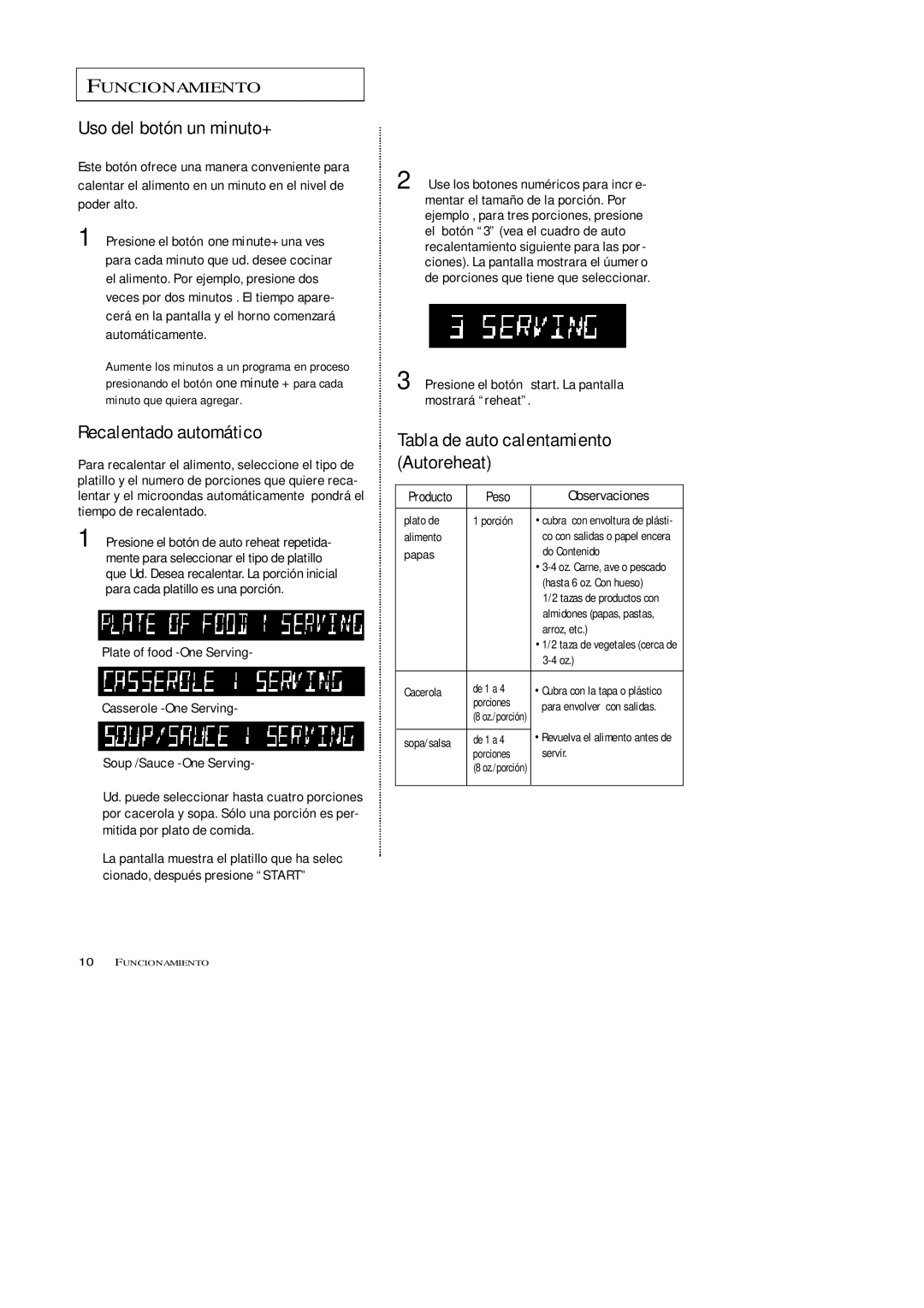 Samsung MW7592W, MW5592W, MW5593G, MW7593G manual Uso del botón un minuto+, Recalentado automático, Peso Observaciones 