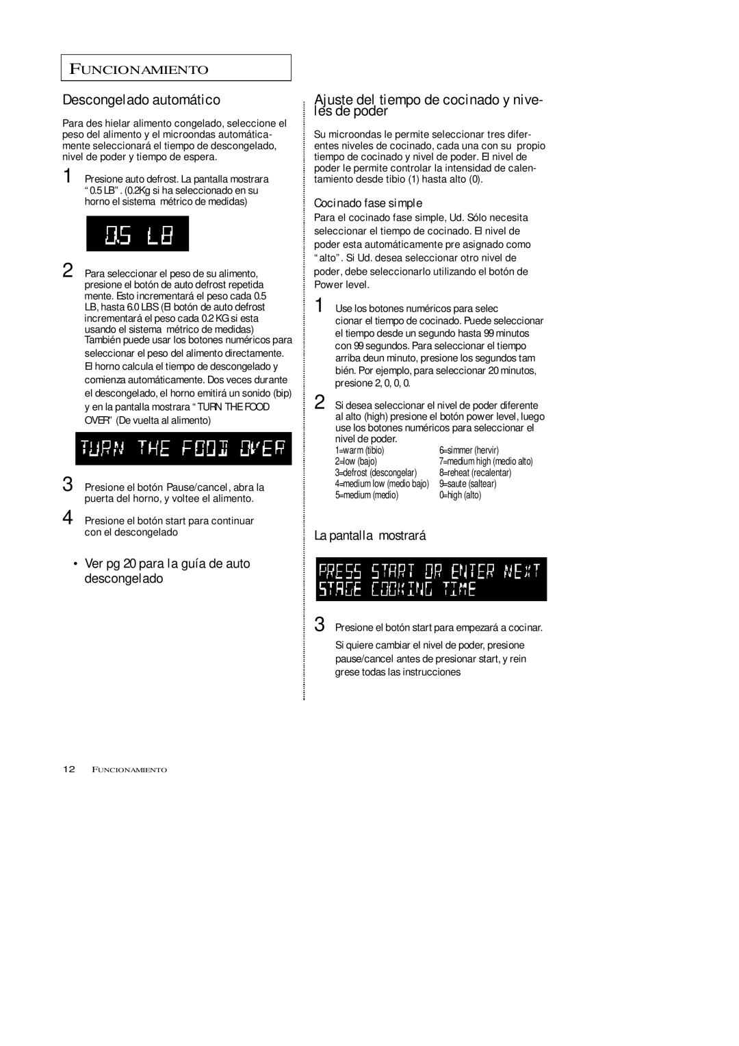 Samsung MW5592W, MW5593G Descongelado automático, Ajuste del tiempo de cocinado y nive- les de poder, La pantalla mostrará 