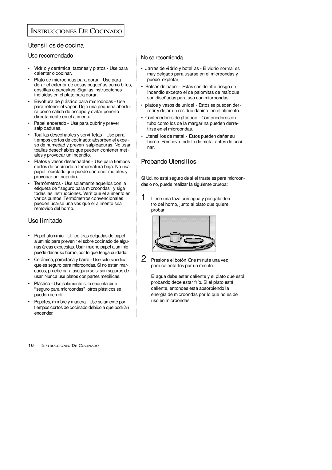 Samsung MW7593G, MW5592W, MW5593G, MW7592W manual Utensilios de cocina, Uso limitado, Probando Utensilios, Uso recomendado 