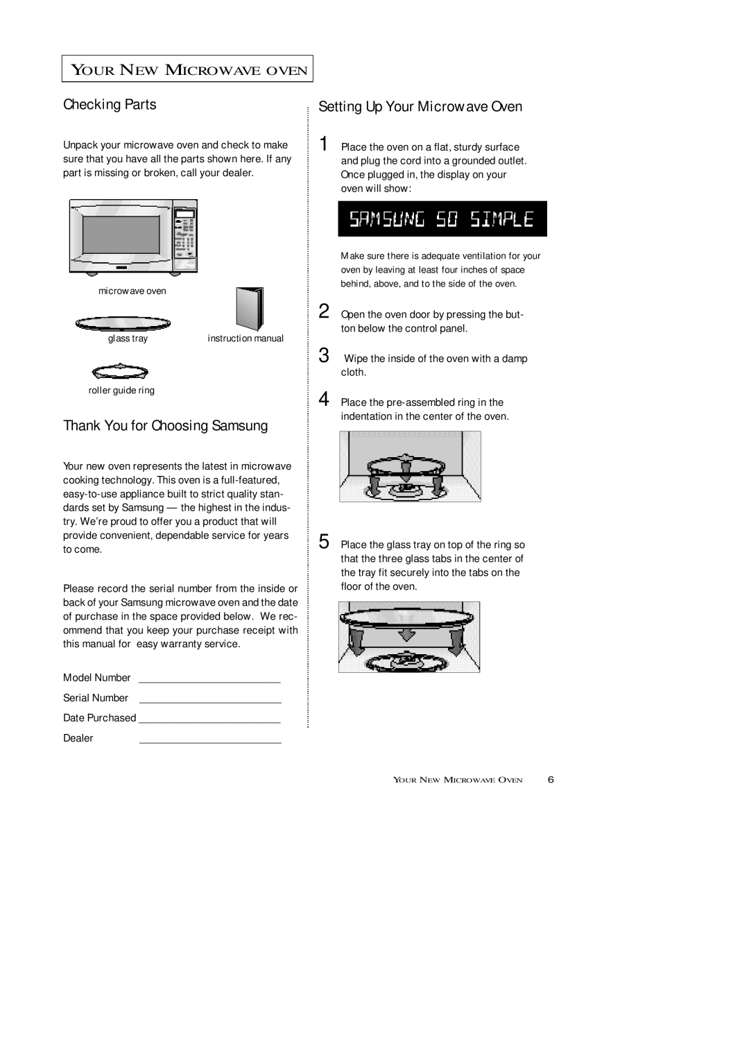 Samsung MW7593G, MW5592W, MW5593G, MW7592W Checking Parts, Setting Up Your Microwave Oven, Thank You for Choosing Samsung 