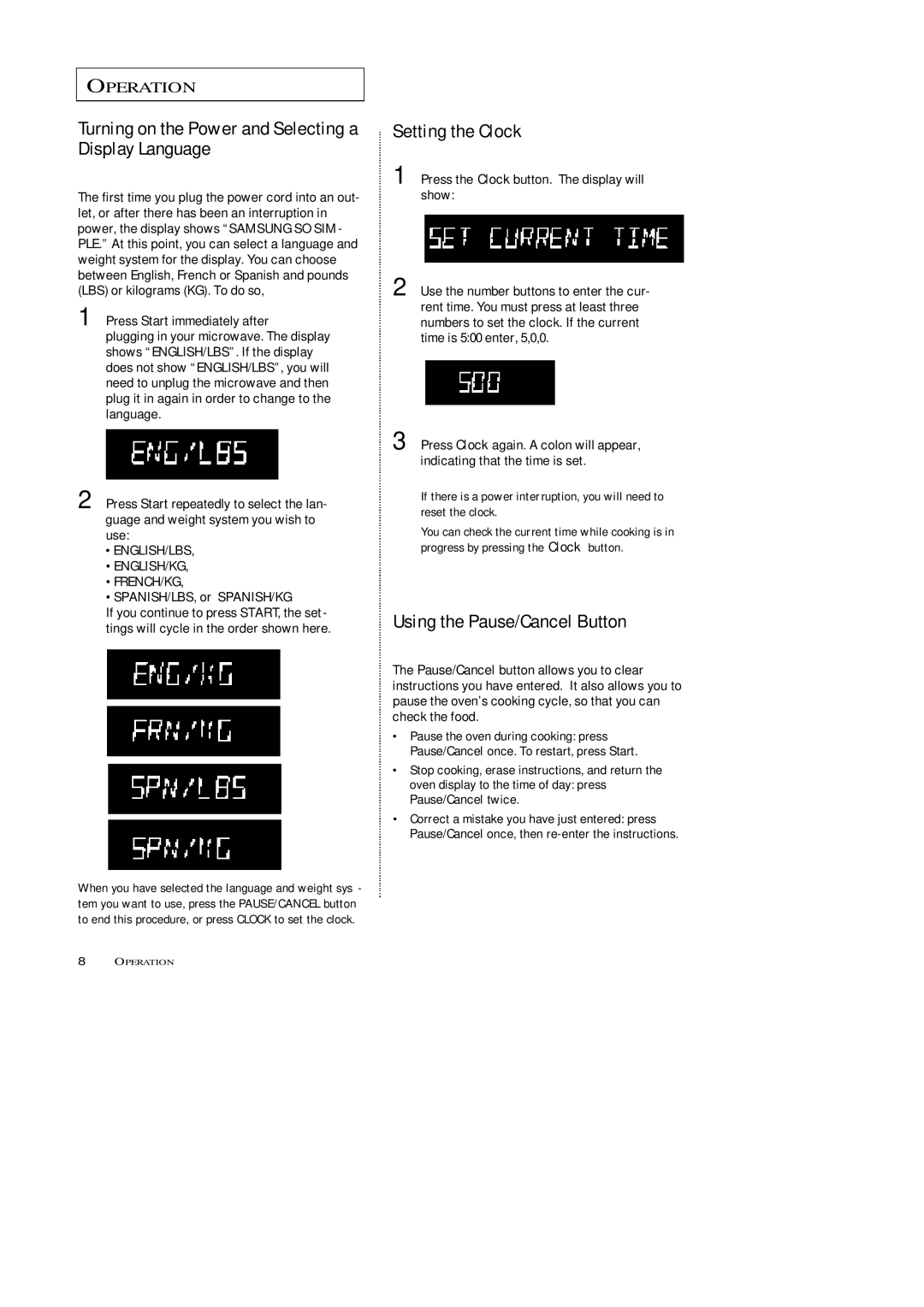 Samsung MW5592W Turning on the Power and Selecting a Display Language, Setting the Clock, Using the Pause/Cancel Button 