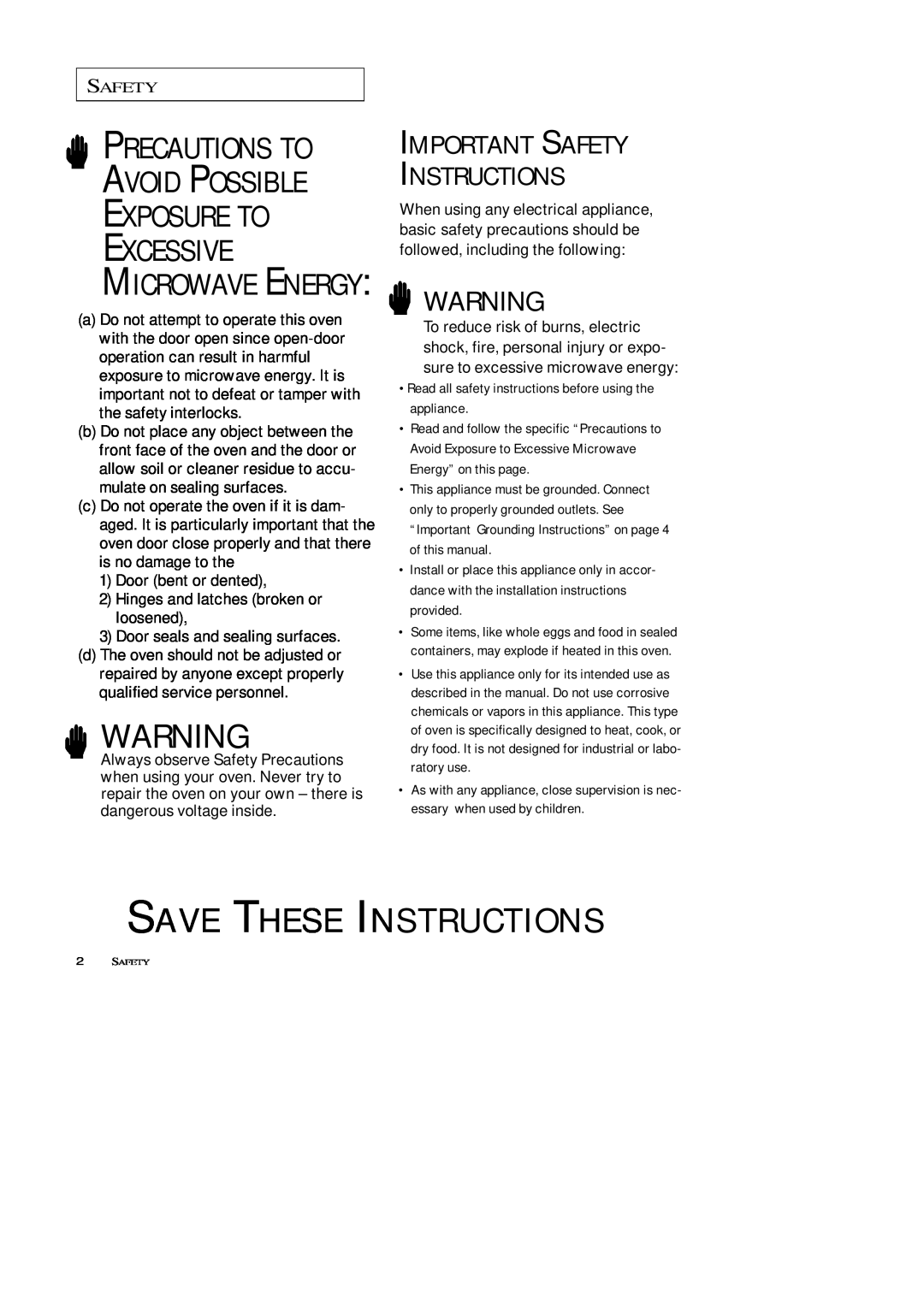 Samsung MW7593G, MW5592W Save These Instructions, Precautions To Avoid Possible Exposure To Excessive, Microwave Energy 