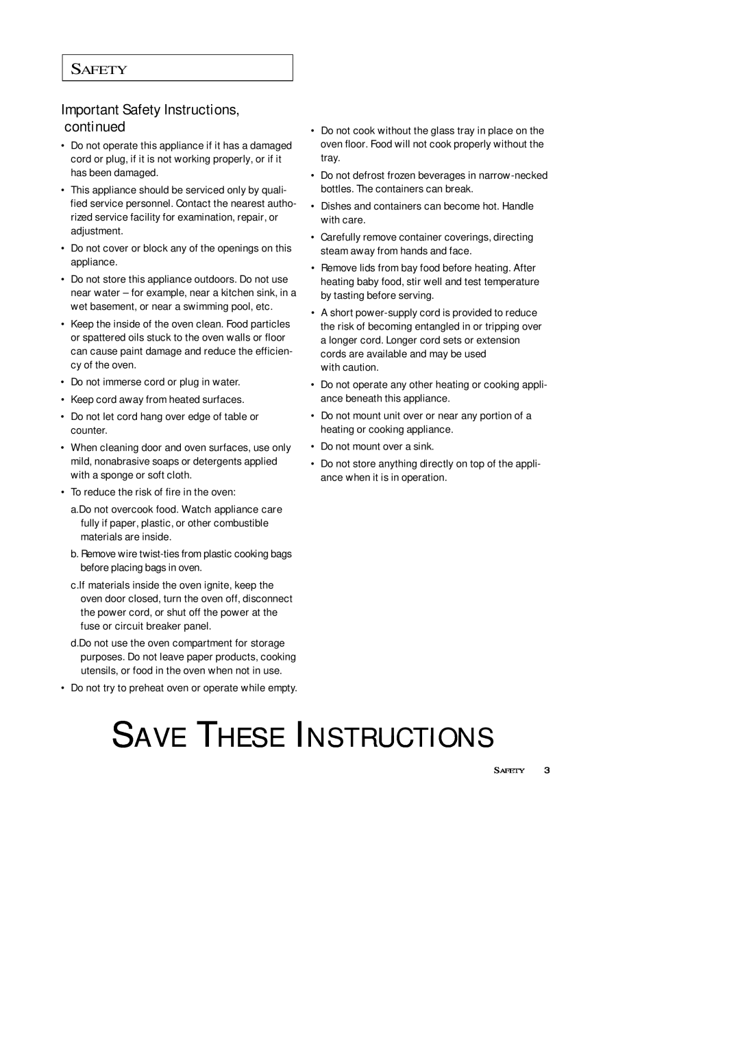 Samsung MW7592W, MW5592W, MW5593G, MW7593G manual Important Safety Instructions, continued, Save These Instructions 