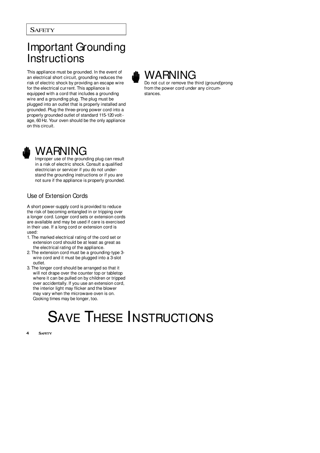 Samsung MW5592W, MW5593G, MW7593G Use of Extension Cords, Save These Instructions, Important Grounding Instructions, Safety 